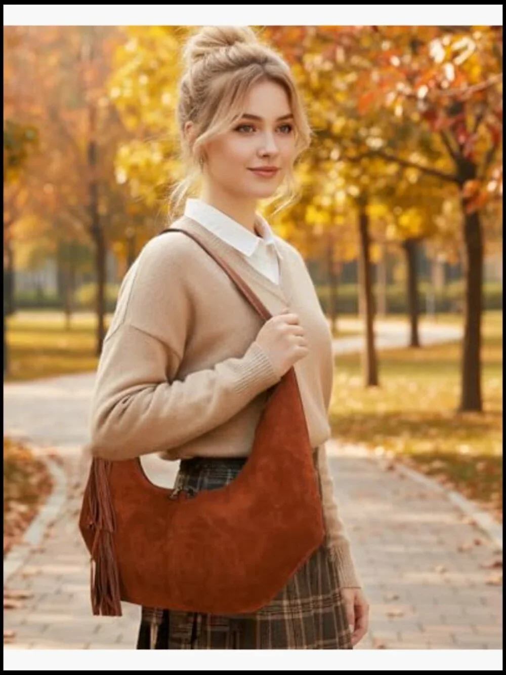 Tassel Suede Hobo Shoulder Bag Slouchy Crescent Crossbody Purse with Adjustable